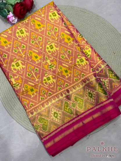 Mustard Yellow & Pink Patola in Tissue Silk