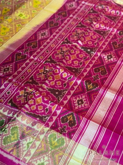 Mustard Yellow & Pink Patola in Tissue Silk