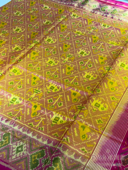Mustard Yellow & Pink Patola in Tissue Silk