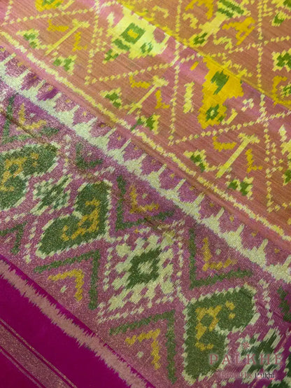 Mustard Yellow & Pink Patola in Tissue Silk