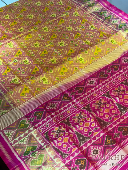 Mustard Yellow & Pink Patola in Tissue Silk