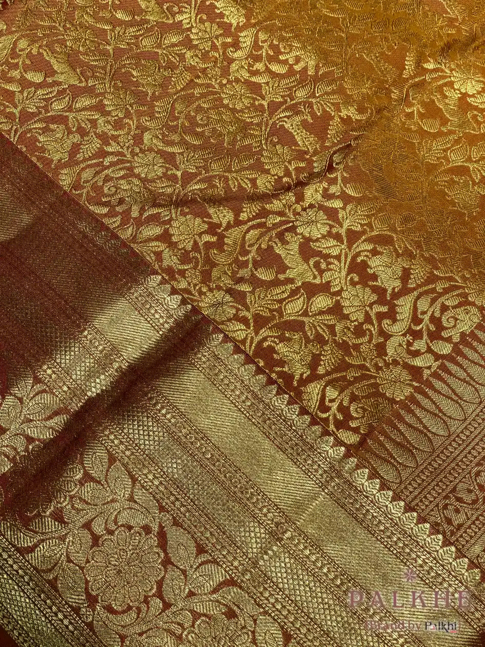 Rust Orange Kanjivaram Floral Jaal in Pure Silk