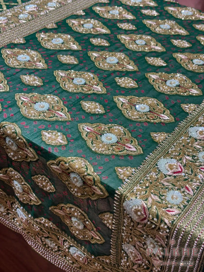 Bottle Green Pure Georgette Bandhej x Hand Embroidery