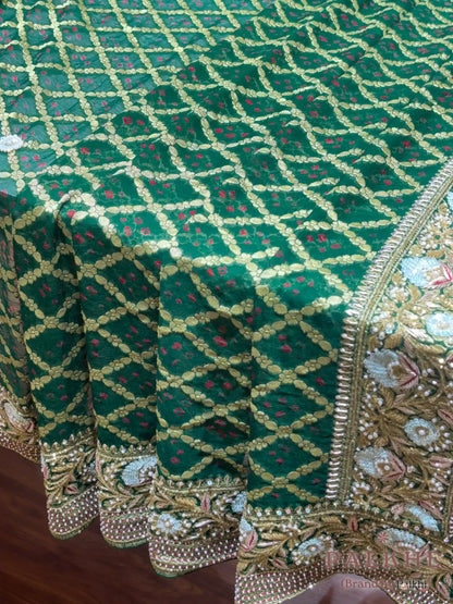 Bottle Green Pure Georgette Bandhej x Hand Embroidery