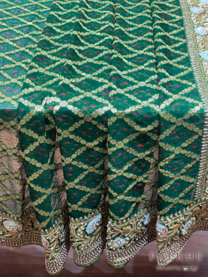 Bottle Green Pure Georgette Bandhej x Hand Embroidery