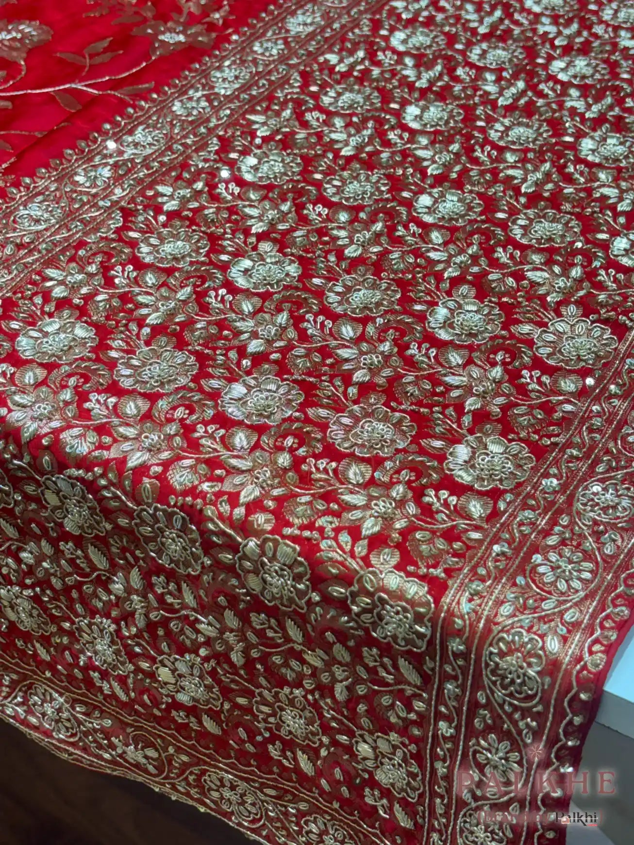 Red Floral Jaal Dola Silk Banarasi x Hand Embroidery