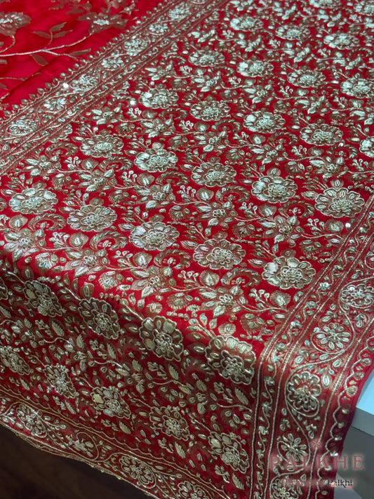 Red Floral Jaal Dola Silk Banarasi x Hand Embroidery