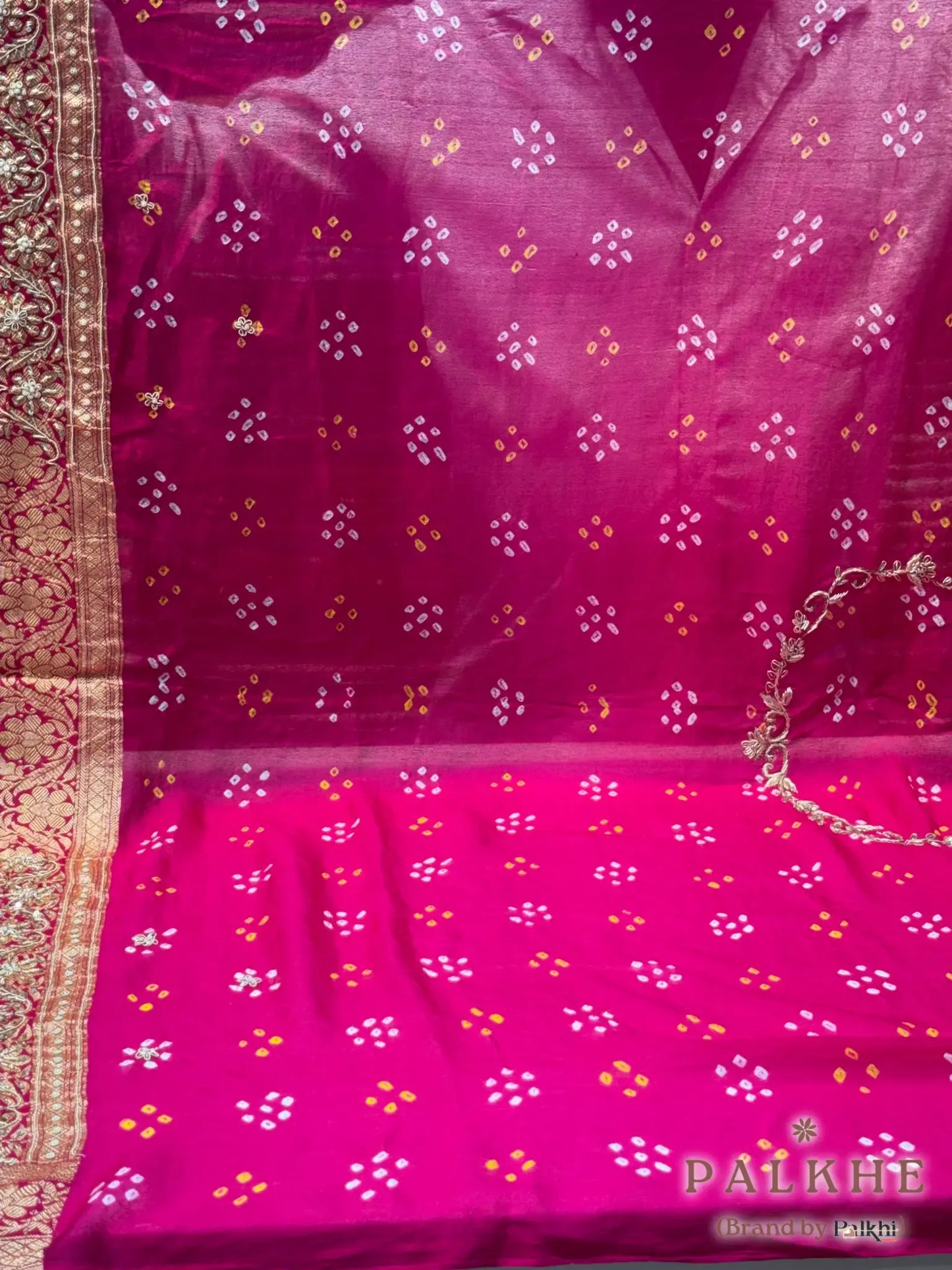 Rani Pink Pure Georgette Bandhej x Hand Embroidery