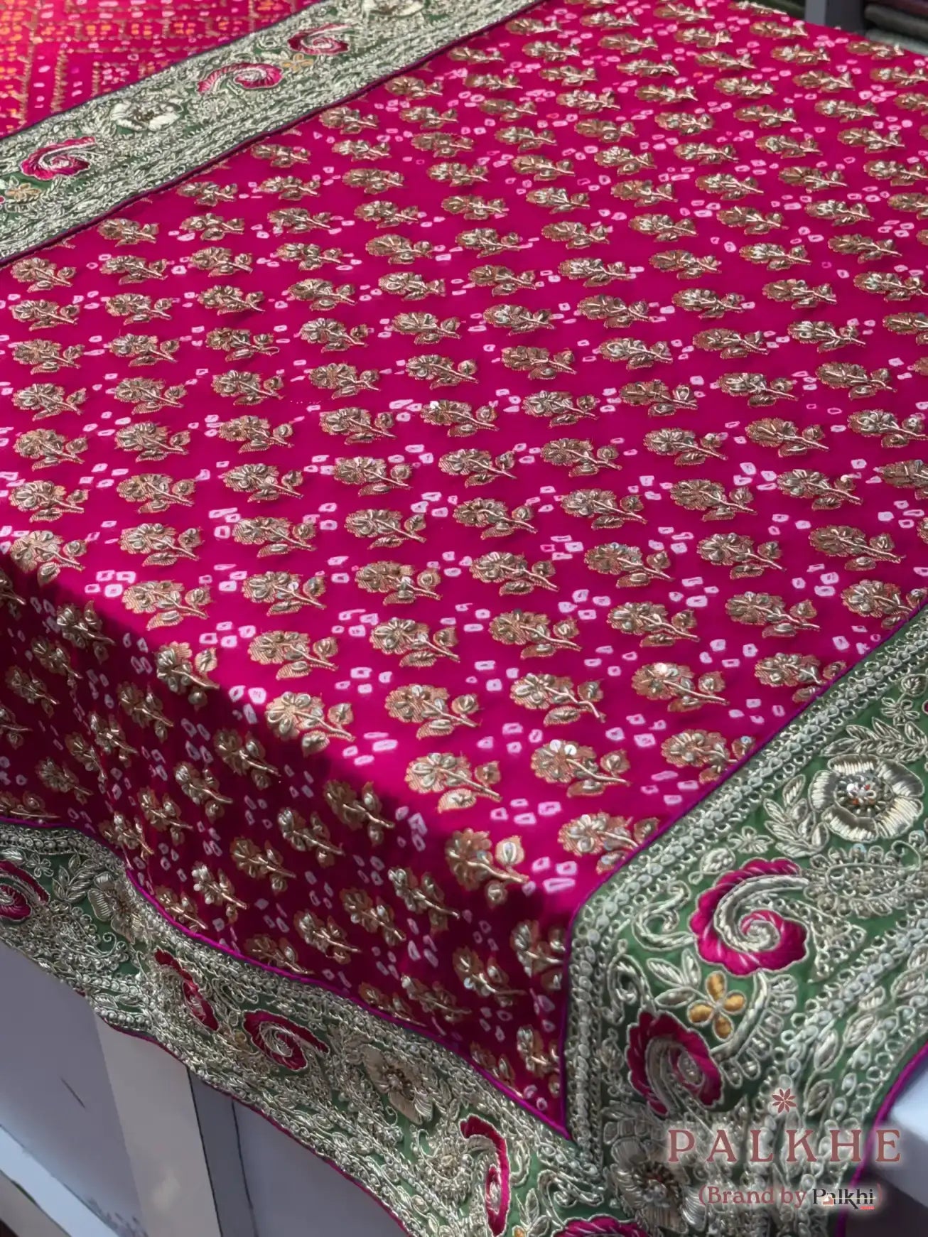 Rani Pink Pure Georgette Bandhej x Hand Embroidery