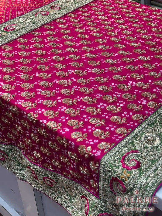 Rani Pink Pure Georgette Bandhej x Hand Embroidery