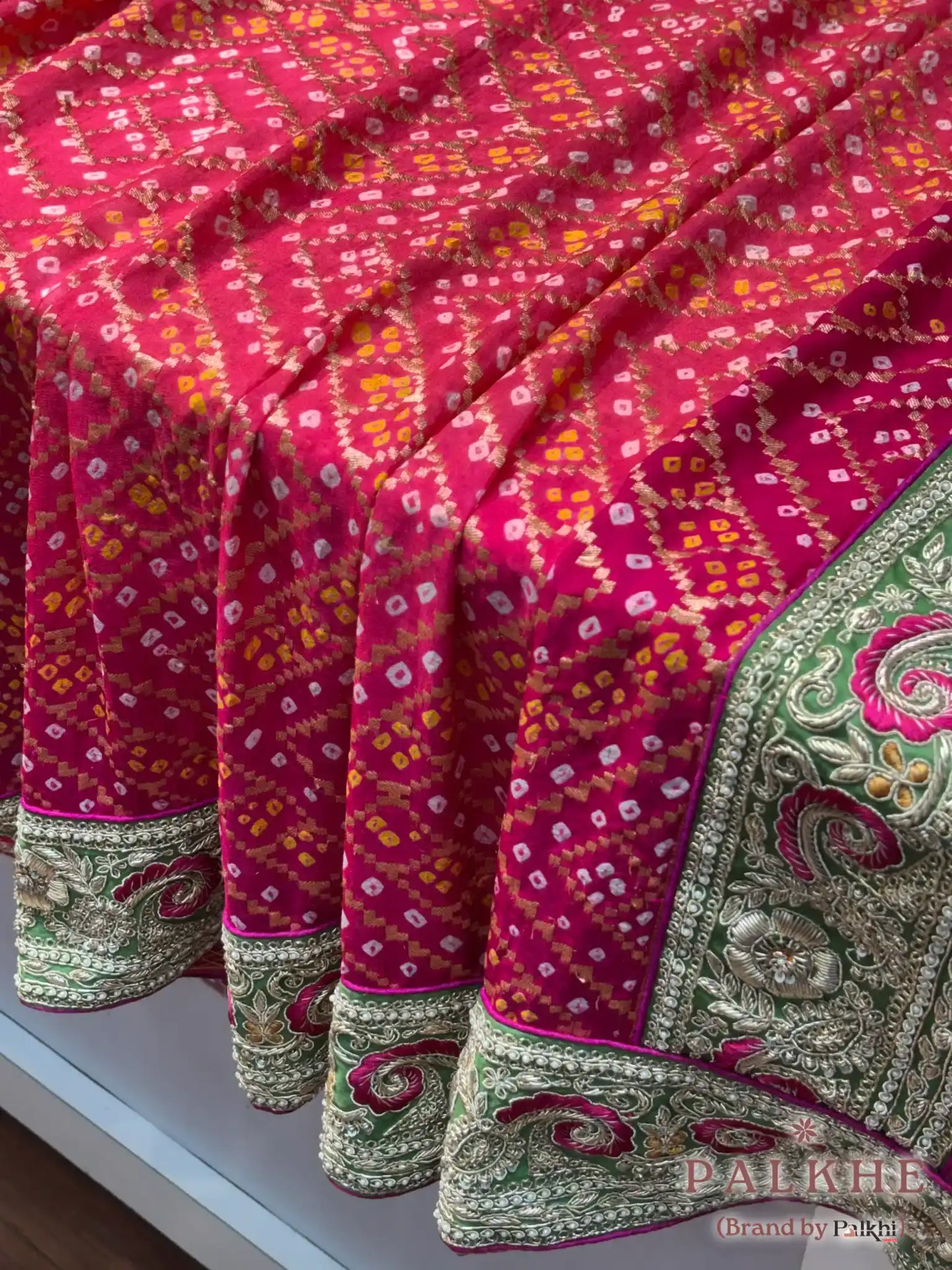 Rani Pink Pure Georgette Bandhej x Hand Embroidery