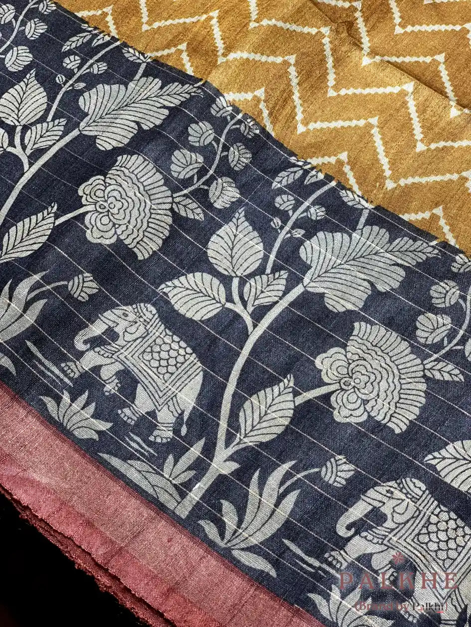 Mustard Yellow Tussar Silk Geometric