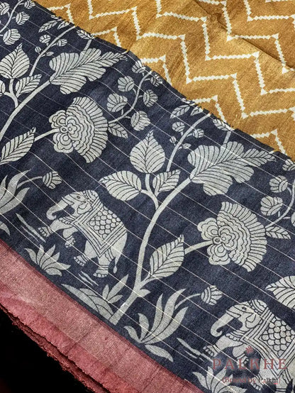 Mustard Yellow Tussar Silk Geometric