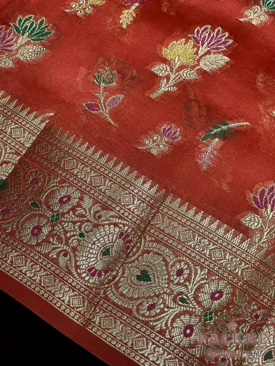 Rust Orange Banarasi Floral in Crepe Silk