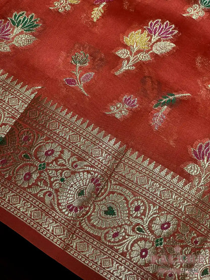 Rust Orange Banarasi Floral in Crepe Silk