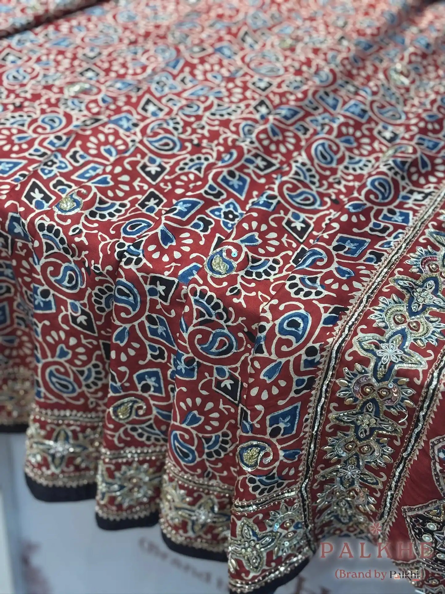 Maroon Ajrakh x Hand Embroidery