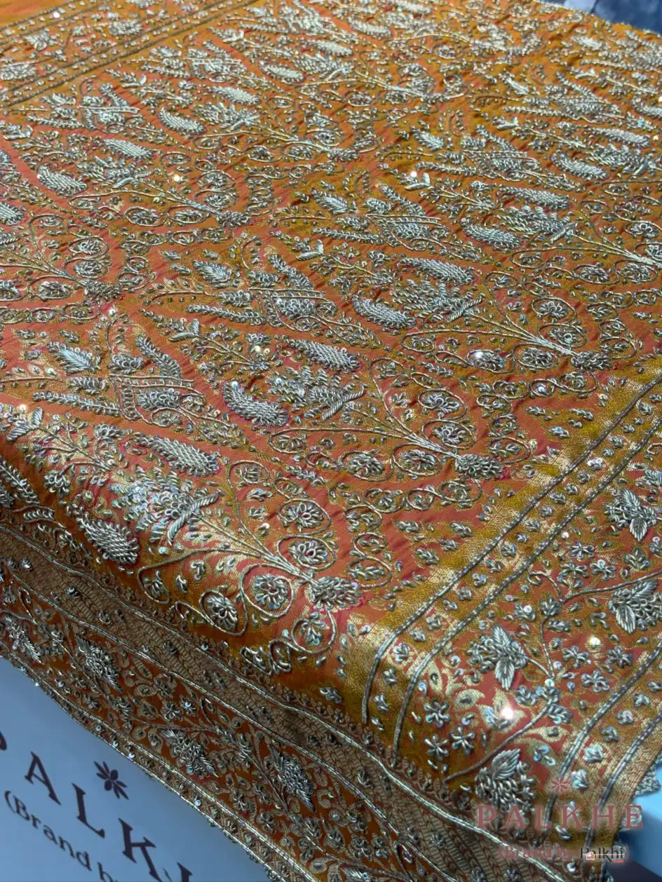 Rust Orange Pure Silk Kanjivaram x Hand Embroidery