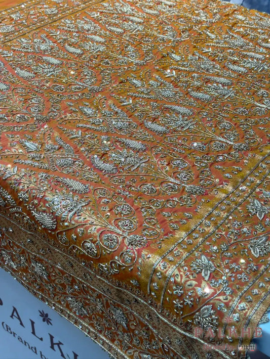 Rust Orange Pure Silk Kanjivaram x Hand Embroidery