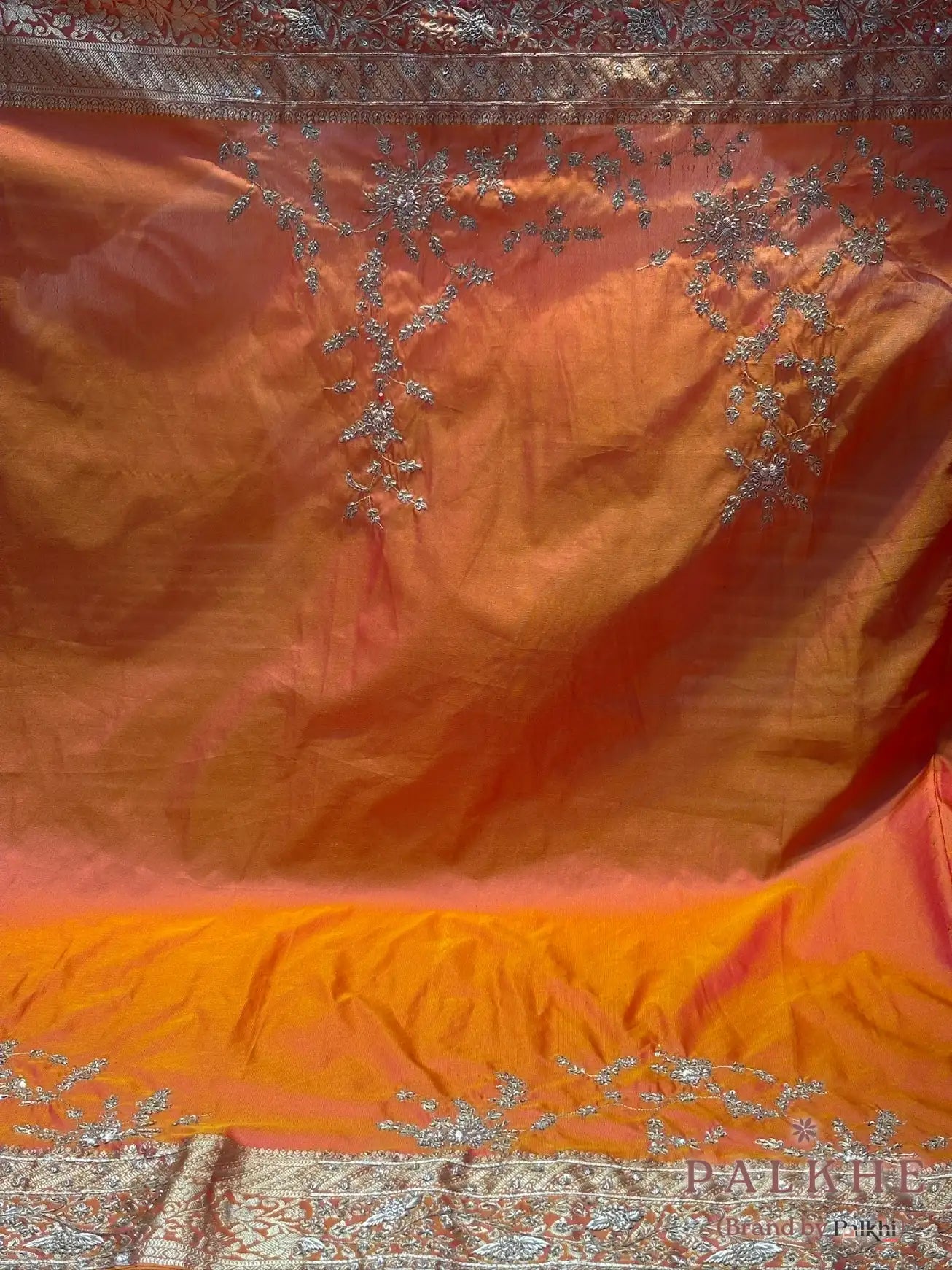 Rust Orange Pure Silk Kanjivaram x Hand Embroidery