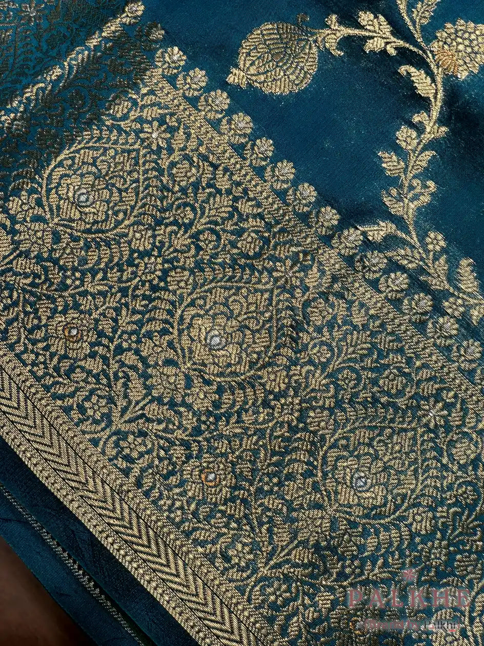 Peacock/teal Blue Banarasi Floral Jaal in Kora Silk