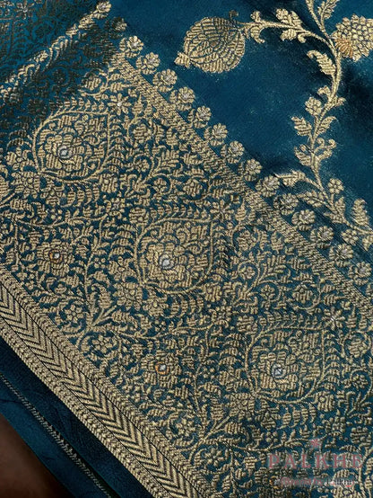 Peacock/teal Blue Banarasi Floral Jaal in Kora Silk