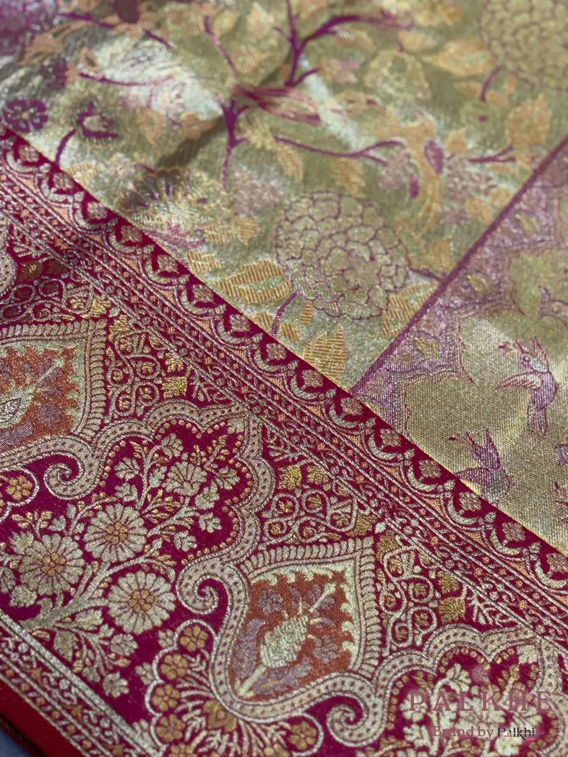 Gold & Pink Kanjivaram Floral Jaal in Pure Silk