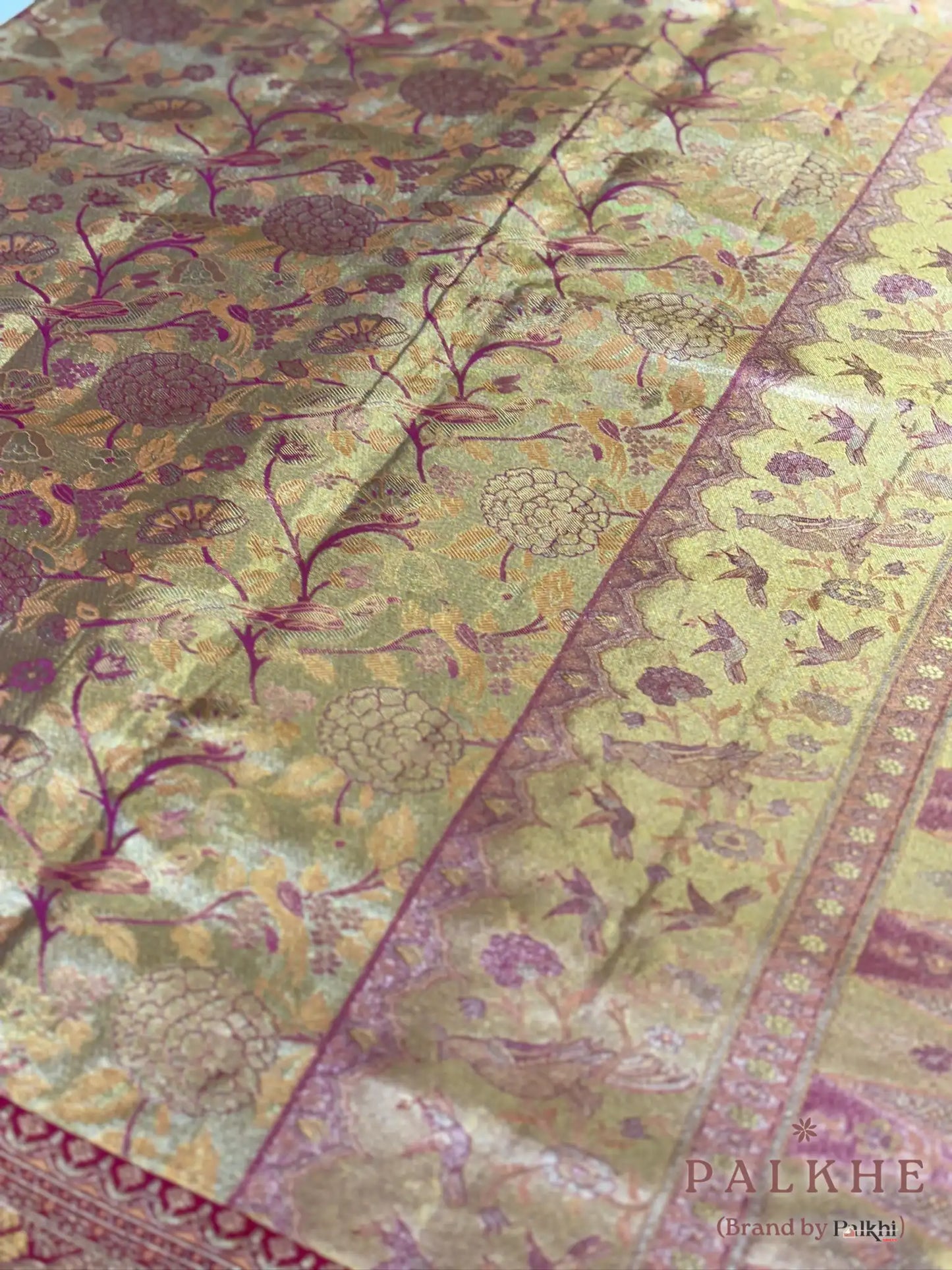 Gold & Pink Kanjivaram Floral Jaal in Pure Silk