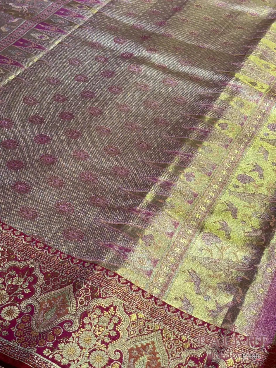 Gold & Pink Kanjivaram Floral Jaal in Pure Silk