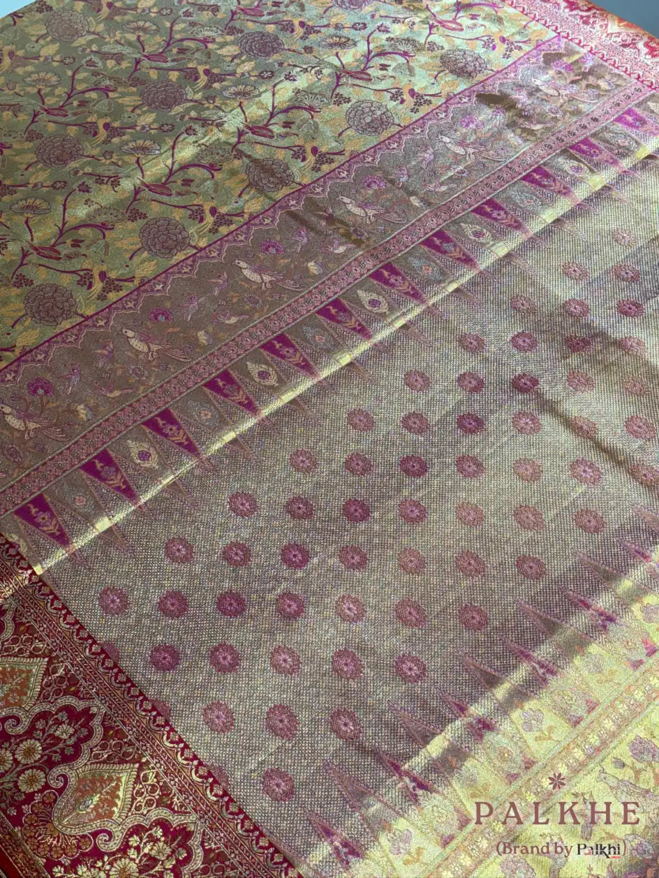 Gold & Pink Kanjivaram Floral Jaal in Pure Silk