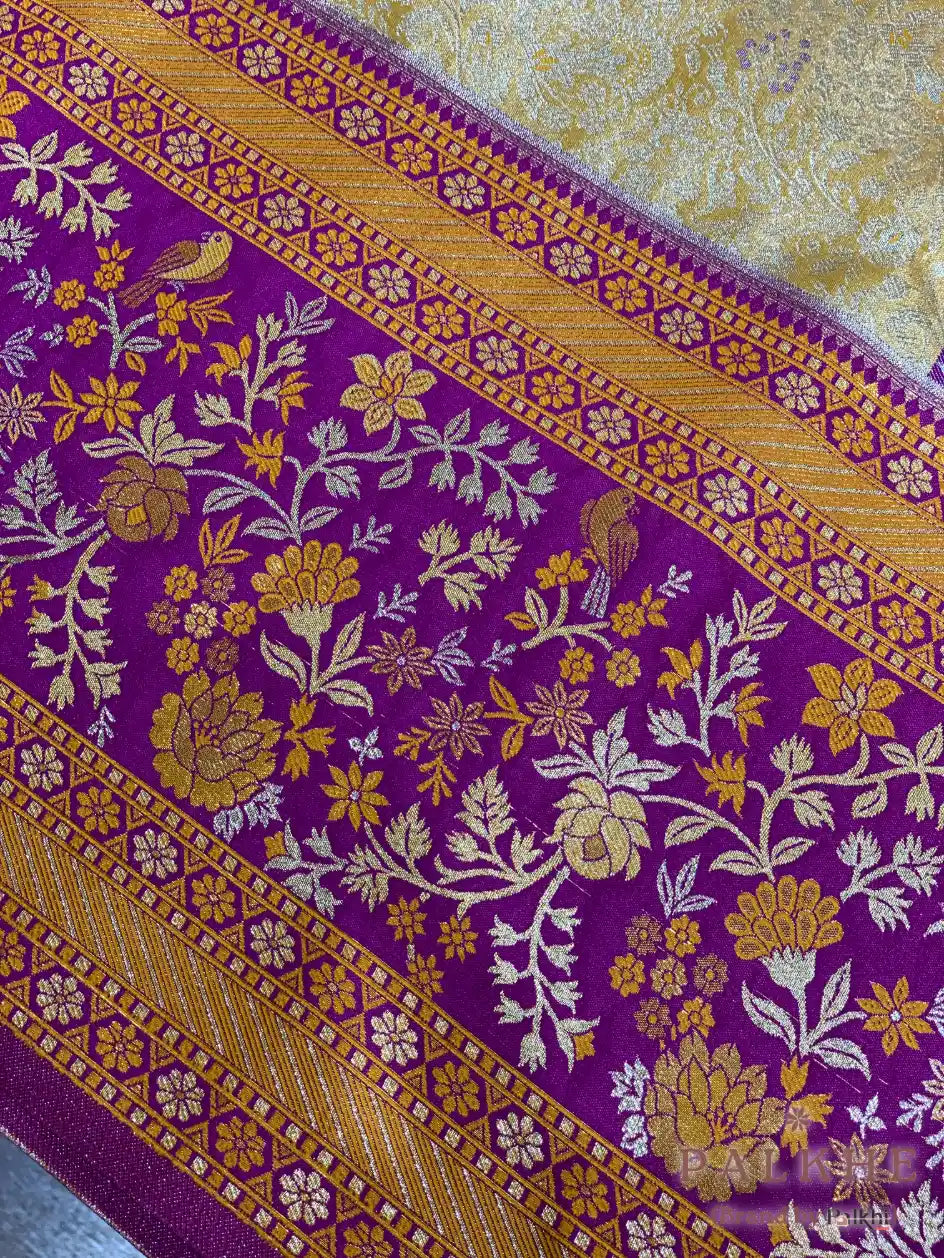 Mustured Yellow Kanjivaram Floral Jaal in Pure Silk