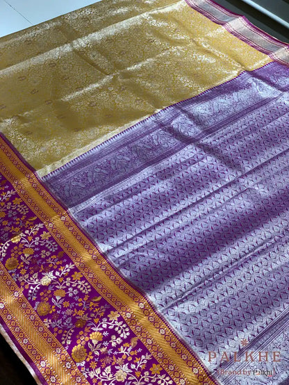Mustard Yellow Kanjivaram Floral Jaal in Pure Silk