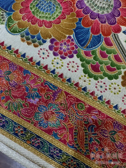 Cream Pashmina Silk Animal Figures