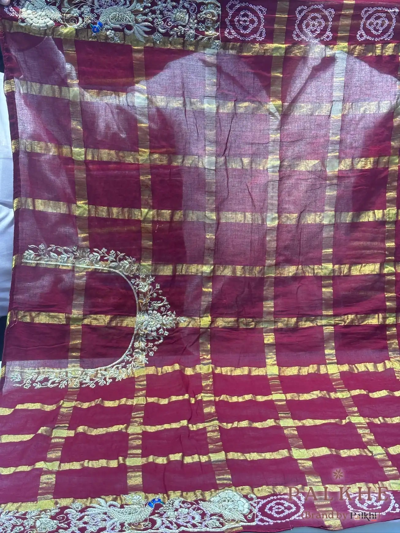Maroon Gajji Silk Bandhej x Hand Embroidery