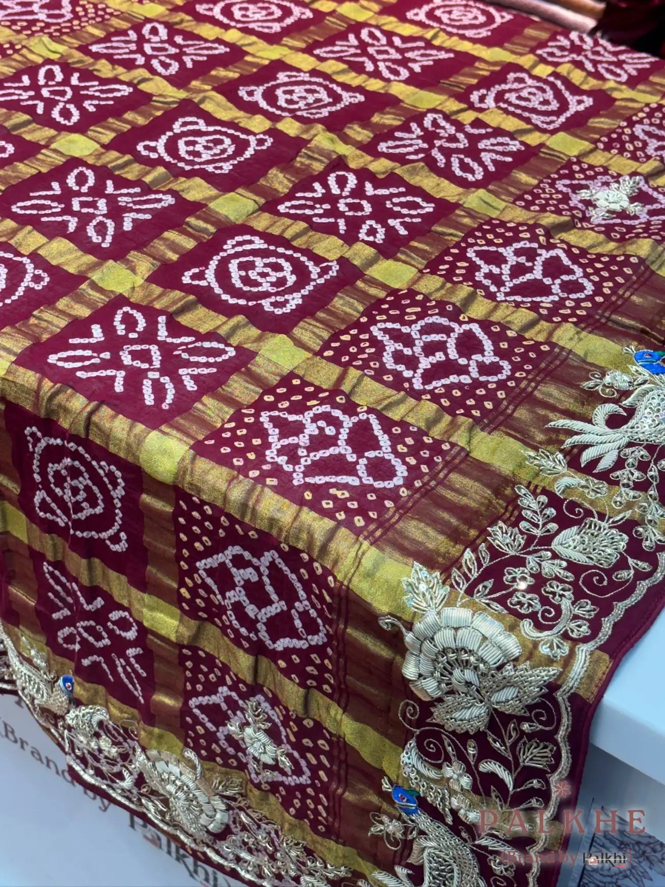Maroon Gajji Silk Bandhej x Hand Embroidery