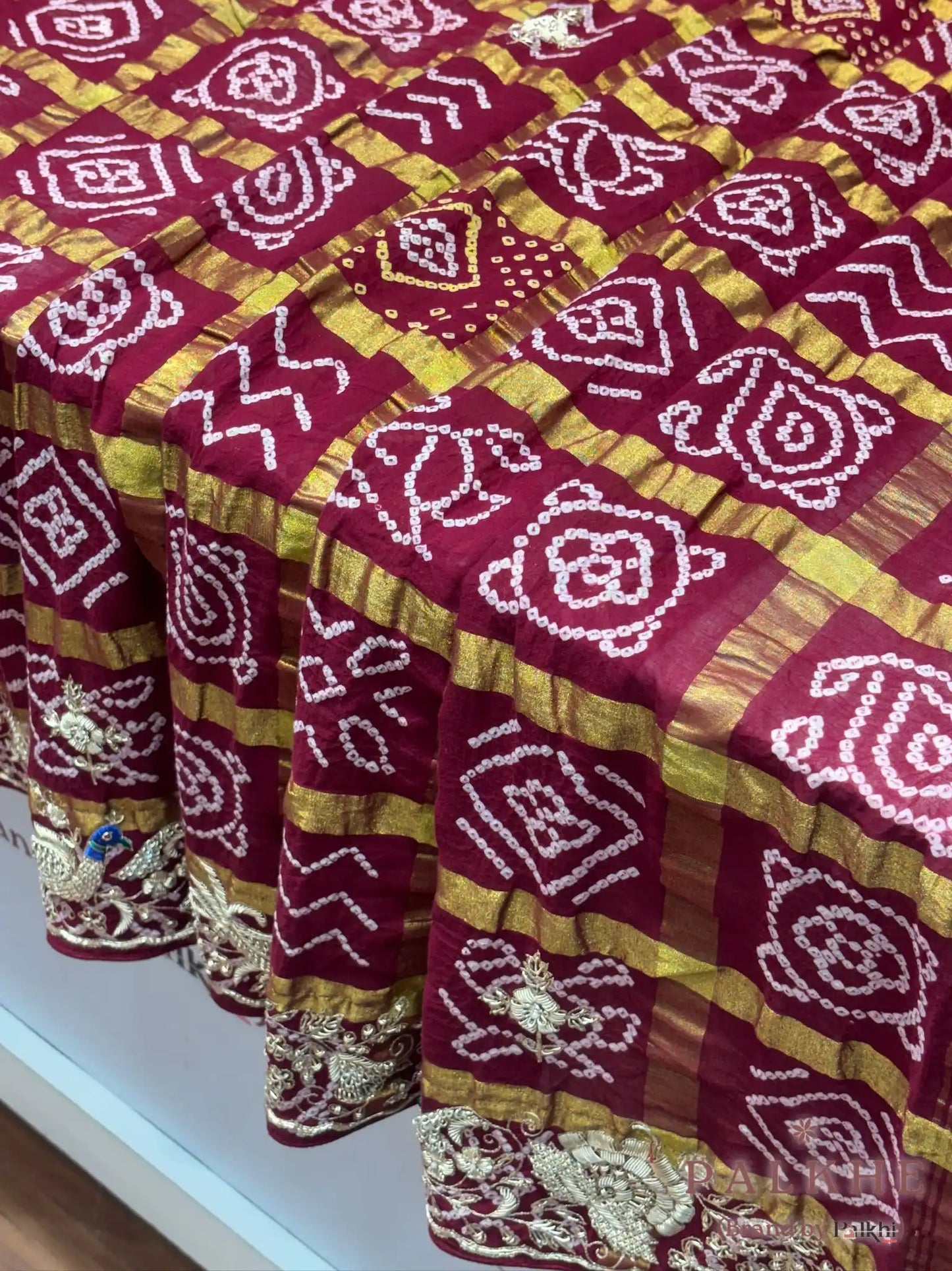 Maroon Gajji Silk Bandhej x Hand Embroidery
