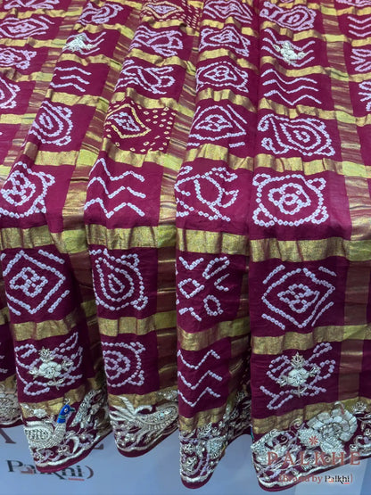 Maroon Gajji Silk Bandhej x Hand Embroidery