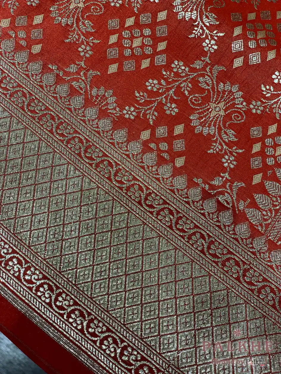Rust Orange Banarasi Floral Jaal in Pure Silk