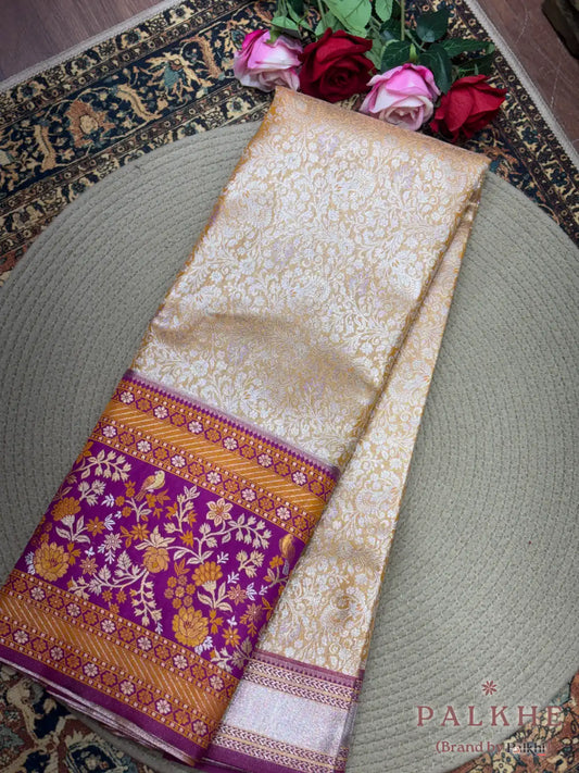 Mustured Yellow Kanjivaram Floral Jaal in Pure Silk