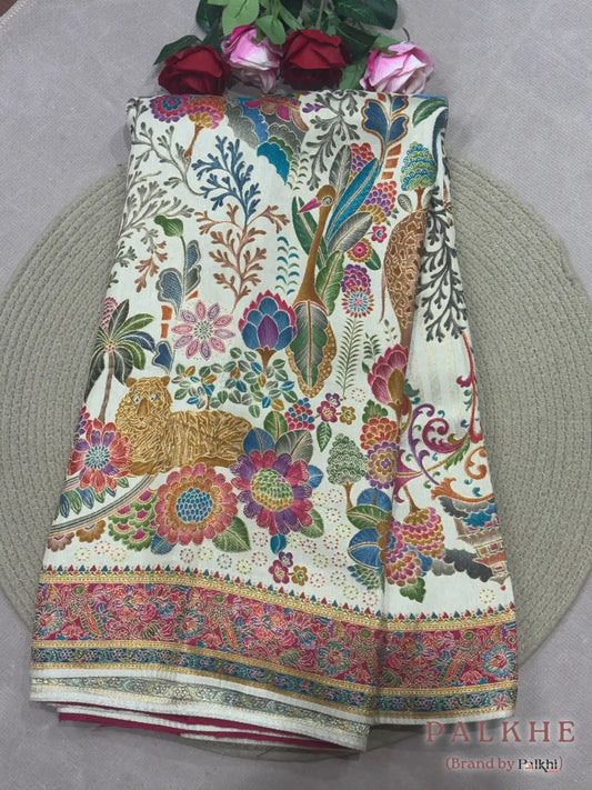 Cream Pashmina Silk Animal Figures
