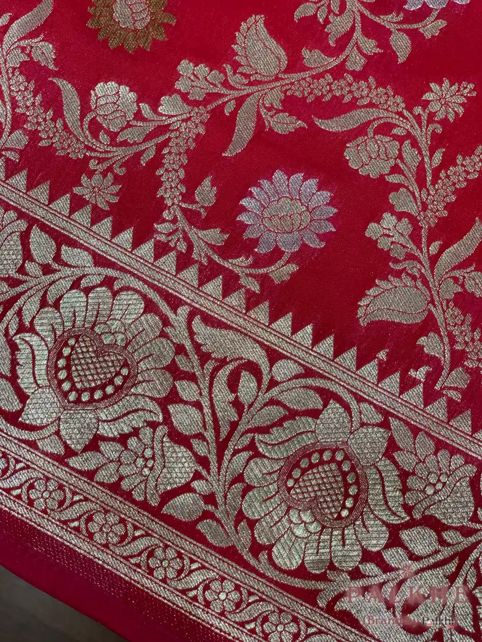 Cherry Red Banarasi Floral Jaal in Katan Silk