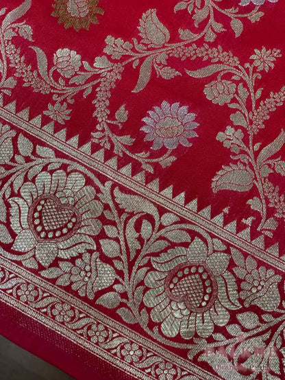 Cherry Red Banarasi Floral Jaal in Katan Silk