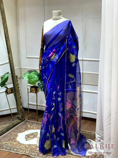 Royal Blue Paithani Floral in Pure Kora