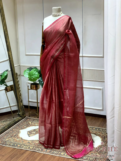Crimson Red Chanderi in Tissue Kora
