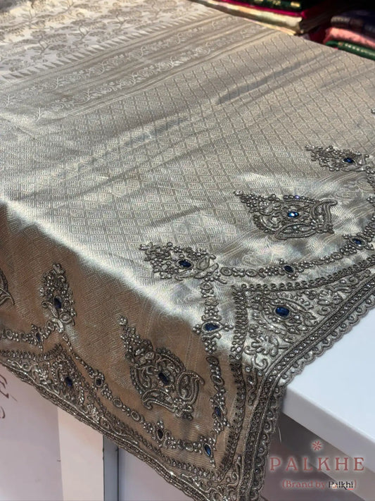 Silver Tissue Silk Brocade kanjivaram x Hand Embroidery