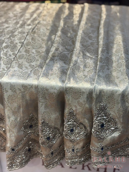Silver Tissue Silk Brocade kanjivaram x Hand Embroidery