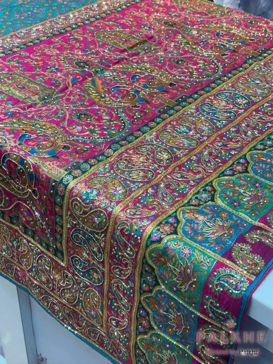 Rama Green Munga Silk Pashmina x Hand Emnroidery