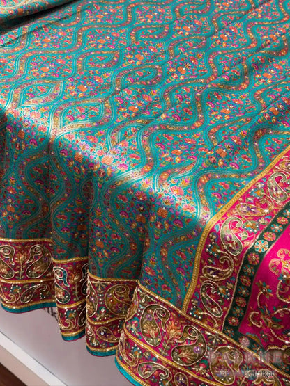 Rama Green Munga Silk Pashmina x Hand Emnroidery