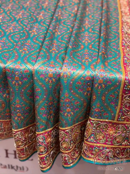 Rama Green Munga Silk Pashmina x Hand Emnroidery