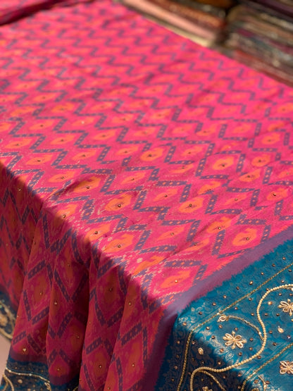 PURPLE PATOLA WITH BLUE BORDER X PEARL WORK