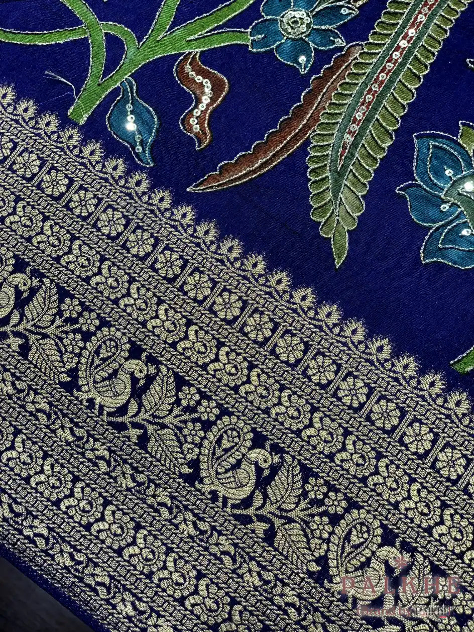Royal Blue Peacock Motifs Gajji Silk Pashmina x Hand Embroidery
